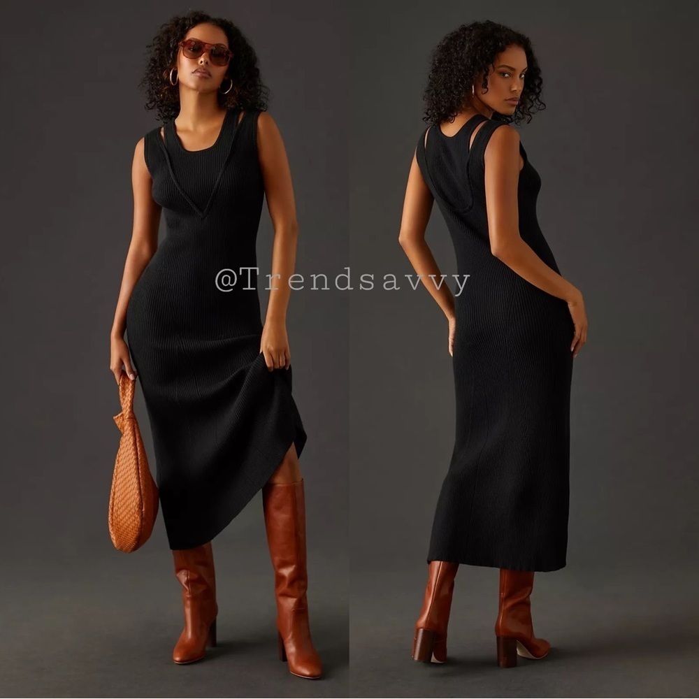 Anthropologie Favorite Daughter Gemini Cashmere Midi Dress Black Size XS NWT